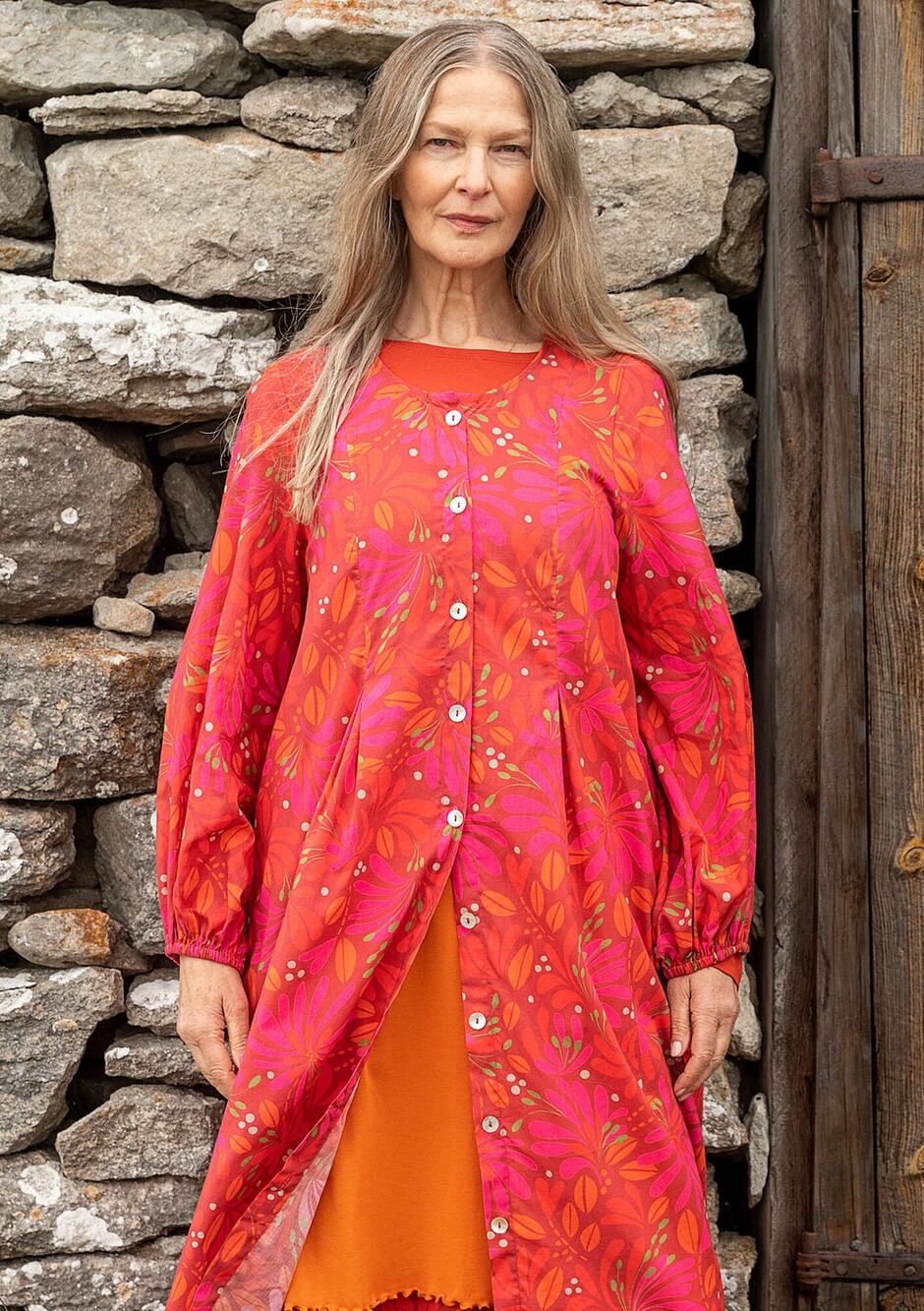 Gudrun Sjoden Kaprifol Organic Cotton Midi Dress Tunic Sz S Long Sleeve Red Pink